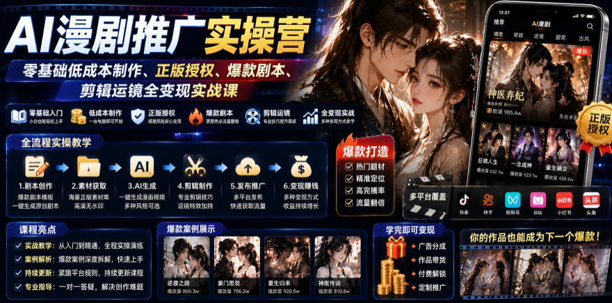 AI漫剧推广实操营|零基础低成本制作、正版授权、爆款剧本、剪辑运镜全变现实战课-锦程资源站