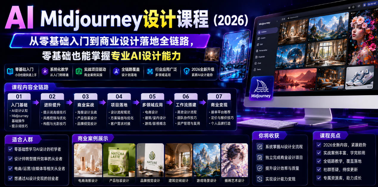AI Midjourney设计课程（2026），从零基础入门到商业设计落地全链路，零基础也能掌握专业AI设计能力-锦程资源站