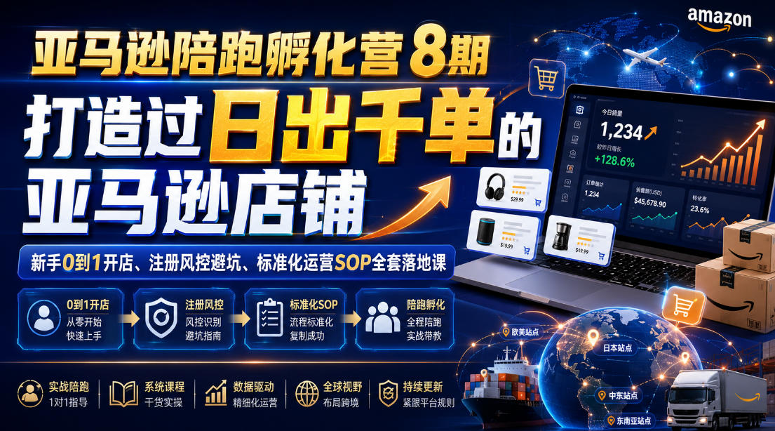 亚马逊陪跑孵化营8期,打造过日出千单的亚马逊店铺,新手0到1开店、注册风控避坑、标准化运营SOP全套落地课-锦程资源站