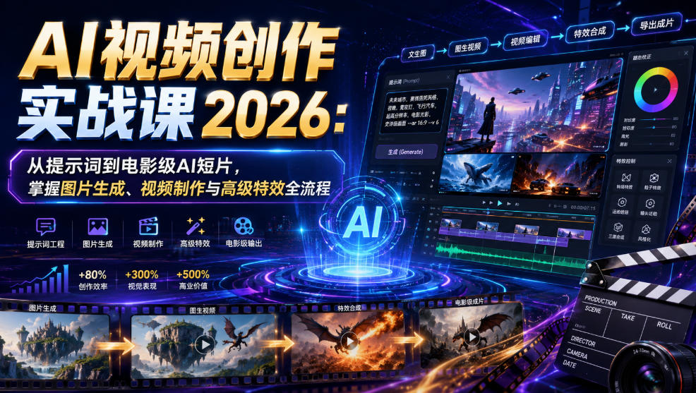 AI视频创作实战课2026:从提示词到电影级AI短片,掌握图片生成、视频制作与高级特效全流程-锦程资源站