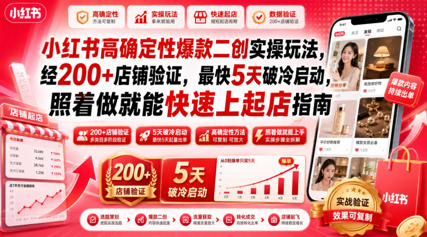 小红书高确定性爆款二创实操玩法,经200+店铺验证,最快5天破冷启动,照着做就能快速上起店指南-锦程资源站