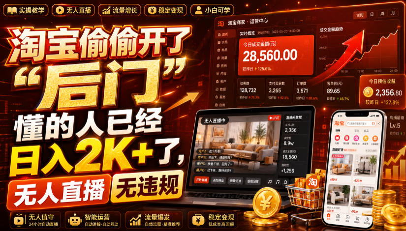淘宝偷偷开了“后门”,懂的人已经日入2K+了,无人直播无违规,一台电脑=一家24小时营业的线上门店【揭秘】-锦程资源站