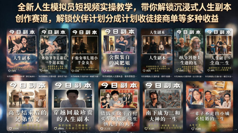 全新人生模拟员短视频实操教学,带你解锁沉浸式人生副本创作赛道,解锁伙伴计划分成计划收徒接商单等多种收益-锦程资源站