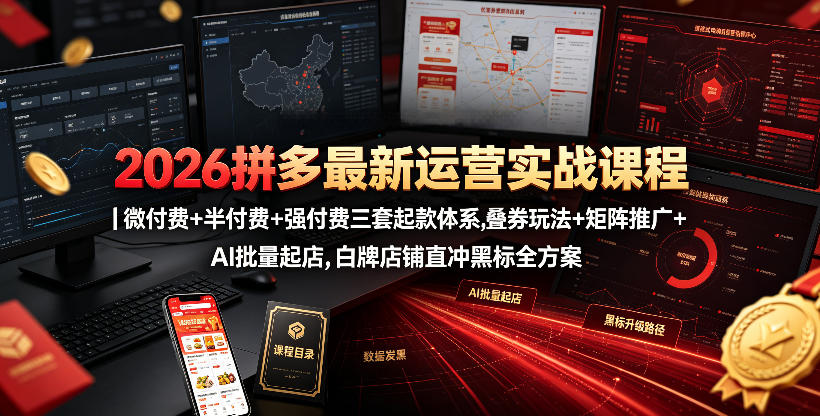 2026拼多多最新运营实战课程｜微付费+半付费+强付费三套起款体系，叠券玩法+矩阵推广+AI批量起店，白牌店铺直冲黑标全方案-锦程资源站