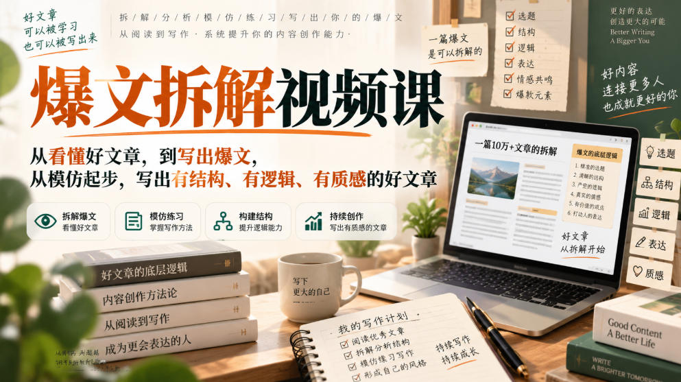 爆文拆解视频课,从看懂好文章,到写出爆文,从模仿起步,写出有结构、有逻辑、有质感的好文章-锦程资源站