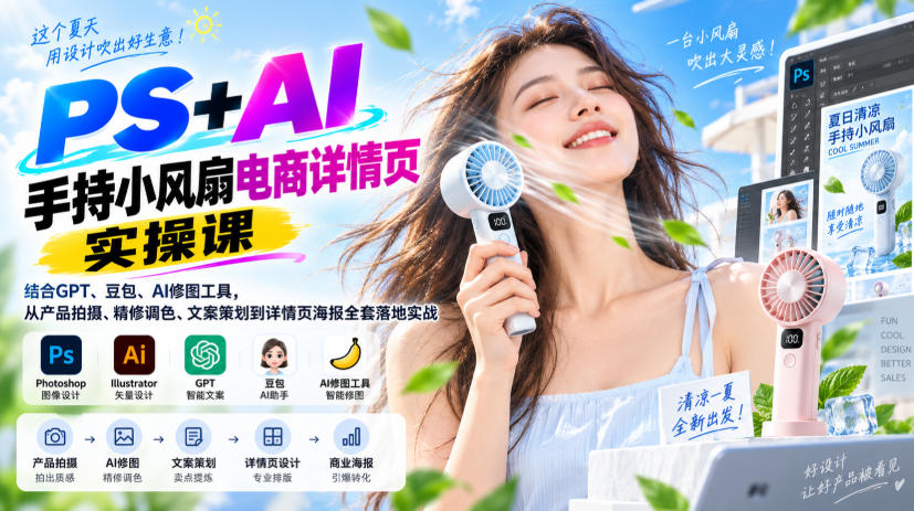 PS+AI手持小风扇电商详情页实操课|结合GPT、豆包、AI修图工具,从产品拍摄、精修调色、文案策划到详情页海报全套落地实战-锦程资源站