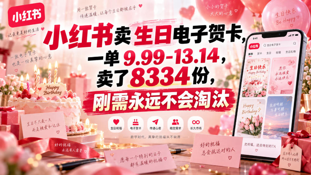 小红书卖生日电子贺卡,一单9.99-13.14,卖了8334份,刚需永远不会淘汰-锦程资源站