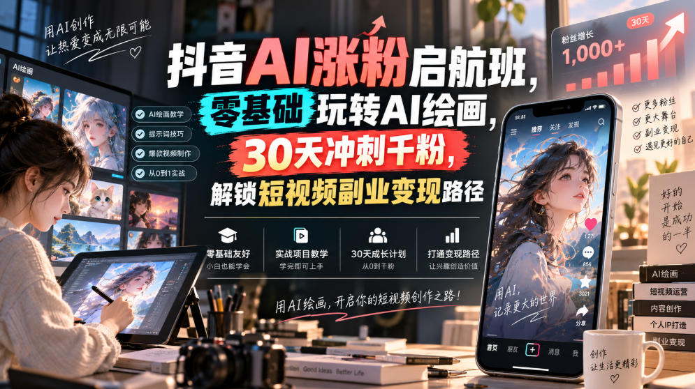 抖音AI涨粉启航班,零基础玩转AI绘画,30天冲刺千粉,解锁短视频副业变现路径-锦程资源站