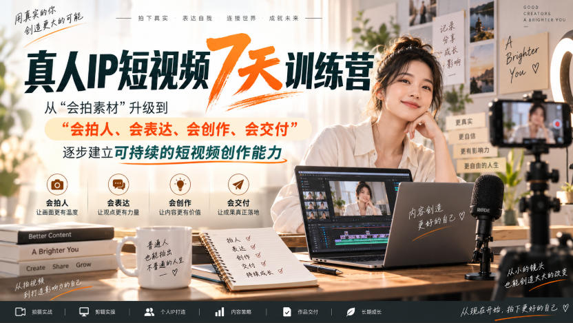 真人IP短视频7天训练营,从“会拍素材”升级到“会拍人、会表达、会创作、会交付”,逐步建立可持续的短视频创作能力-锦程资源站