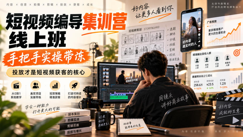 短视频编导集训营线上班,手把手实操带冻,投放才是短视频获客的核心-锦程资源站