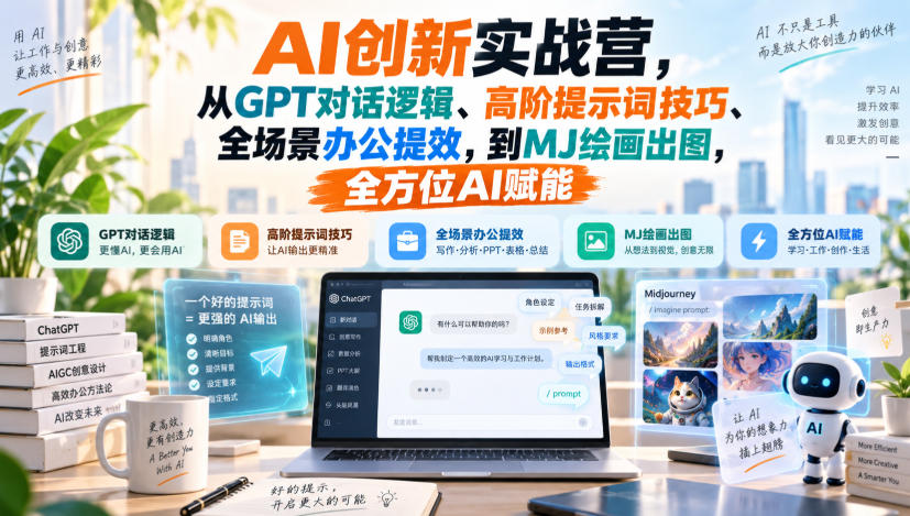 AI创新实战营,从GPT对话逻辑、高阶提示词技巧、全场景办公提效,到MJ绘画出图,全方位AI赋能-锦程资源站