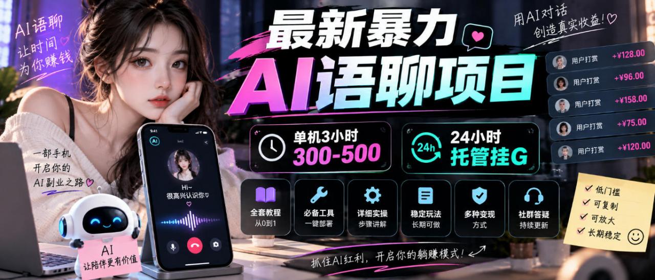 最新暴力AI语聊项目,单机3小时300-500,24小时托管挂G,附全套教程及工具【揭秘】-锦程资源站