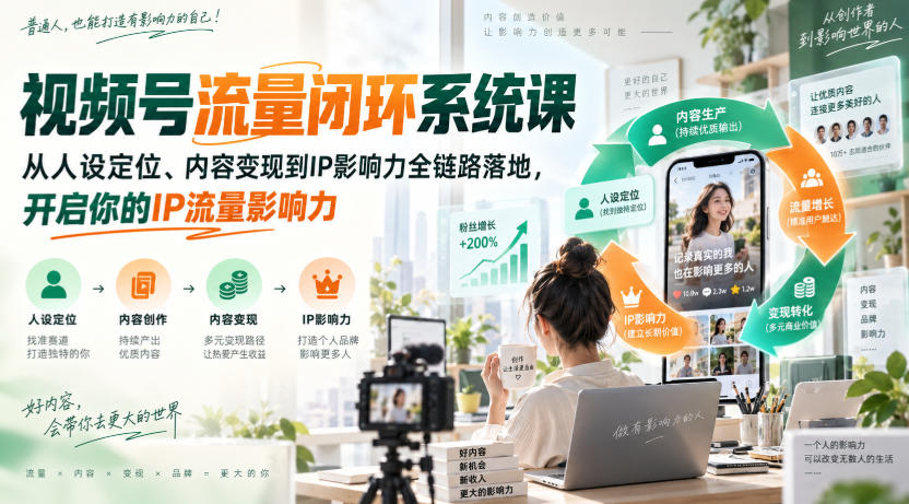 视频号流量闭环系统课,从人设定位、内容变现到IP影响力全链路落地,开启你的IP流量影响力-锦程资源站