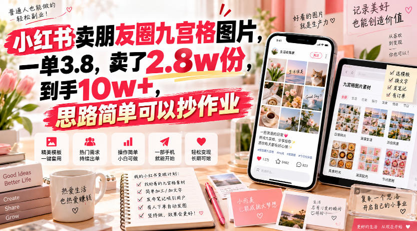 小红书卖朋友圈九宫格图片,一单3.8,卖了2.8w份,到手10w+,思路简单可以抄作业-锦程资源站