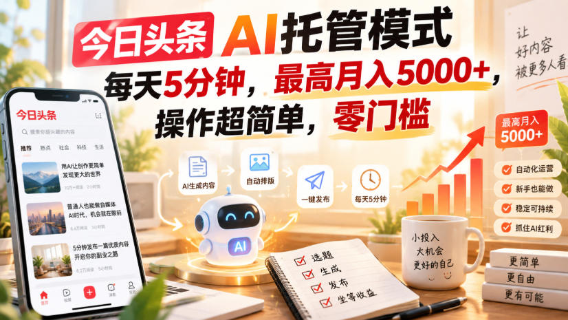 今日头条AI托管模式,每天5分钟,最高月入5000+,操作超简单,零门槛【揭秘】-锦程资源站