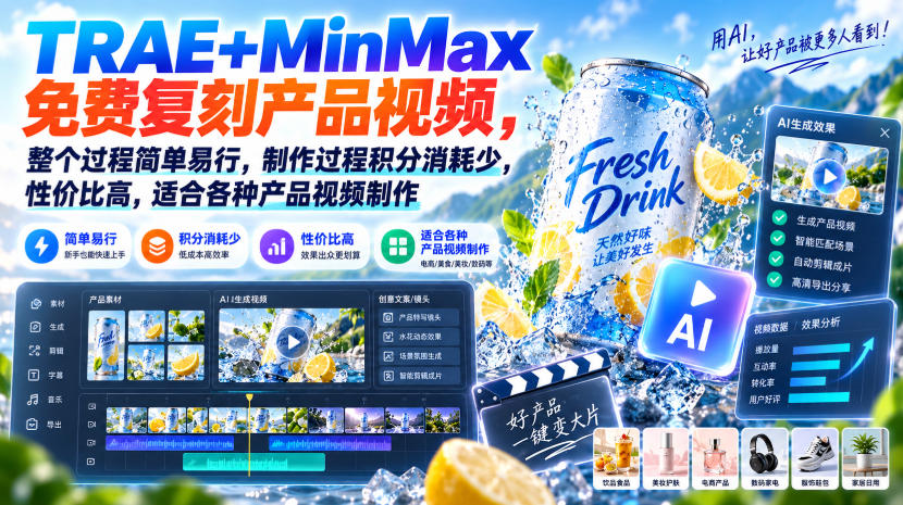 TRAE+MinMax免费复刻产品视频,整个过程简单易行,制作过程积分消耗少,性价比高,适合各种产品视频制作-锦程资源站