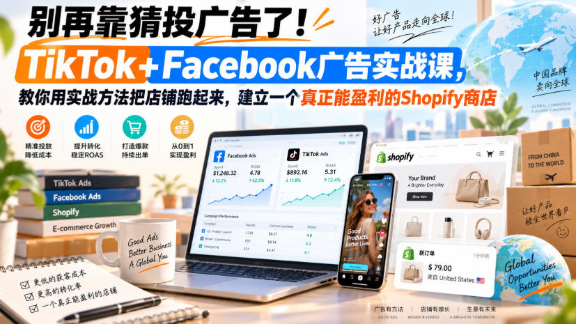 别再靠猜投广告了!TikTok+Facebook广告实战课,教你用实战方法把店铺跑起来,建立一个真正能盈利的Shopify商店【原创双语字幕】-锦程资源站