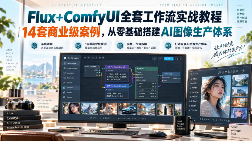Flux+ComfyUI全套工作流实战教程|14套商业级案例,从零基础搭建AI图像生产体系-锦程资源站