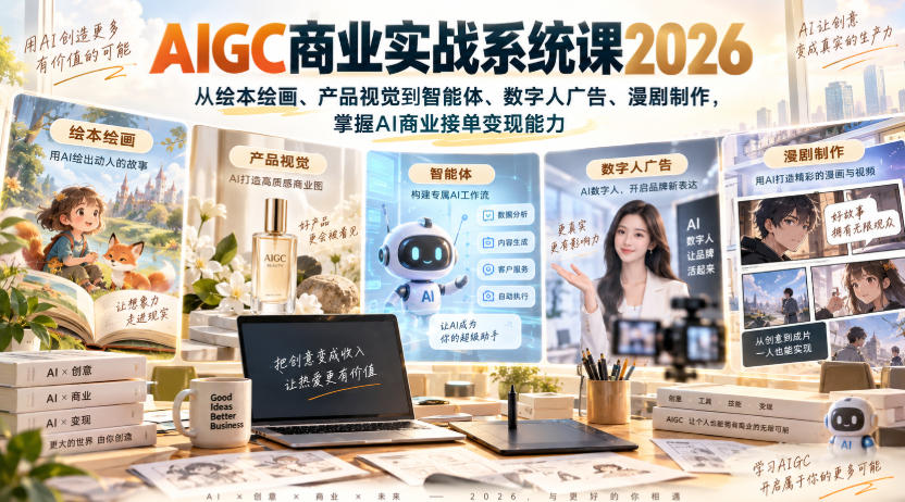 AIGC商业实战系统课2026,从绘本绘画、产品视觉到智能体、数字人广告、漫剧制作,掌握AI商业接单变现能力-锦程资源站