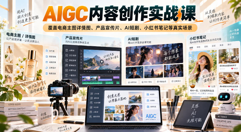 AIGC内容创作实战课,覆盖电商主图详情图、产品宣传片、AI短剧、小红书笔记等真实场景-锦程资源站