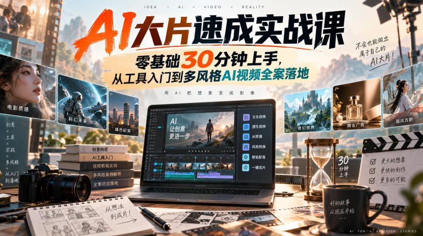 AI大片速成实战课|零基础30分钟上手,从工具入门到多风格AI视频全案落地-锦程资源站