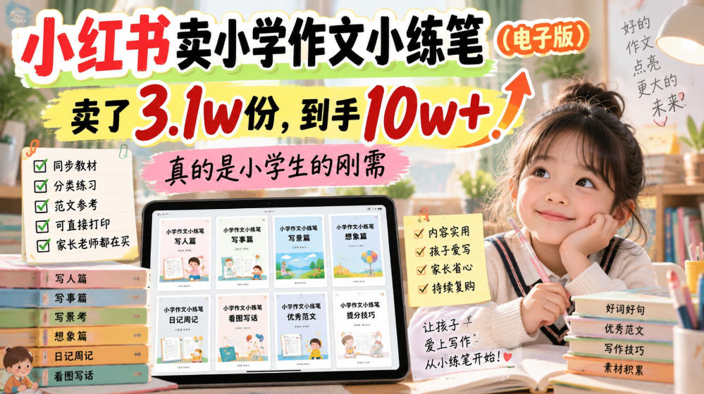 小红书卖小学作文小练笔(电子版),卖了3.1w份,到手10w+,真的是小学生的刚需-锦程资源站