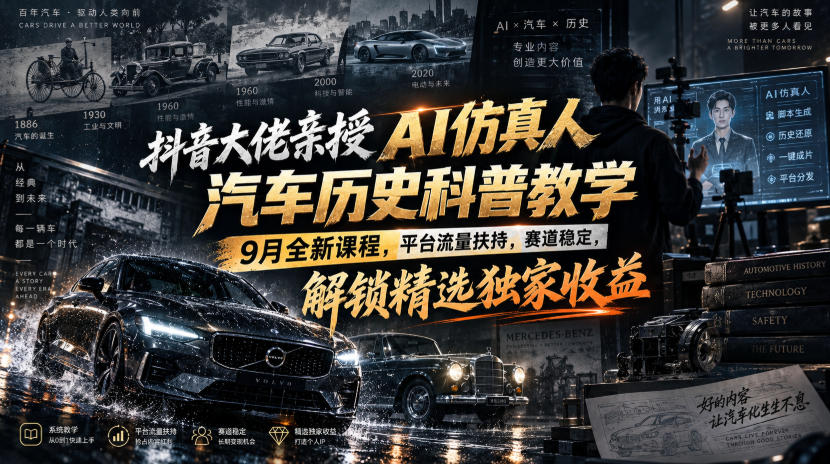 抖音大佬亲授AI仿真人汽车历史科普教学,9月全新课程,平台流量扶持,赛道稳定,解锁精选独家收益-锦程资源站