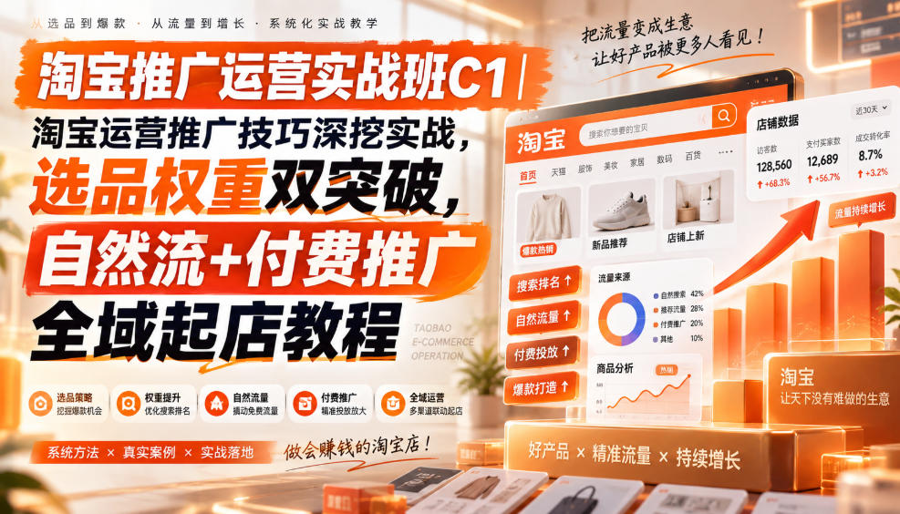 淘宝推广运营实战班C1｜淘宝运营推广技巧深挖实战，选品权重双突破，自然流+付费推广全域起店教程-锦程资源站
