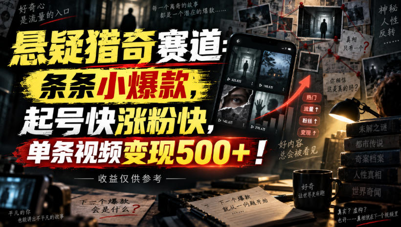 悬疑猎奇赛道：条条小爆款，起号快涨粉快，单条视频变现500+！收益仅供参考-锦程资源站