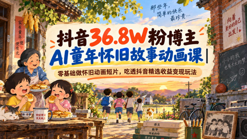 抖音36.8W粉博主AI童年怀旧故事动画课｜零基础做怀旧动画短片，吃透抖音精选收益变现玩法-锦程资源站