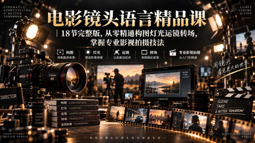 电影镜头语言精品课|18节完整版,从零精通构图灯光运镜转场,掌握专业影视拍摄技法-锦程资源站