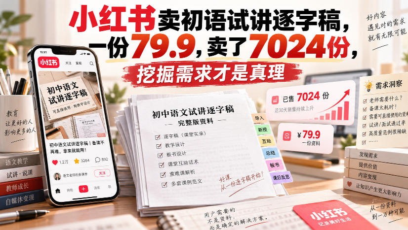 小红书卖初语试讲逐字稿,一份79.9,卖了7024份,挖掘需求才是真理-锦程资源站