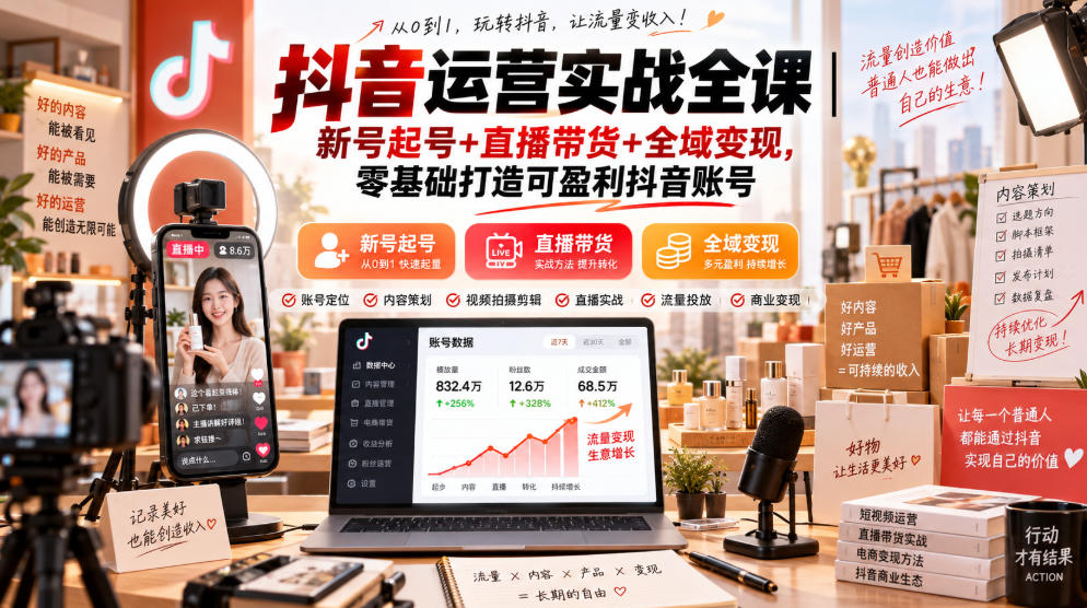 抖音运营实战全课|新号起号+直播带货+全域变现,零基础打造可盈利抖音账号-锦程资源站