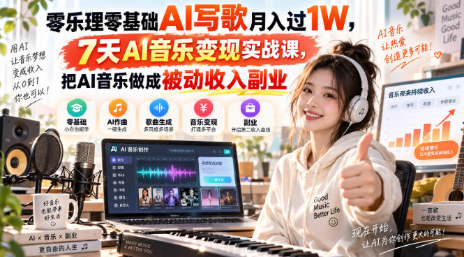 零乐理零基础AI写歌月入过1W,7天AI音乐变现实战课,把AI音乐做成被动收入副业-锦程资源站