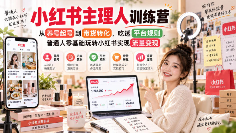 小红书主理人训练营,从养号起号到带货转化,吃透平台规则,普通人零基础玩转小红书实现流量变现-锦程资源站