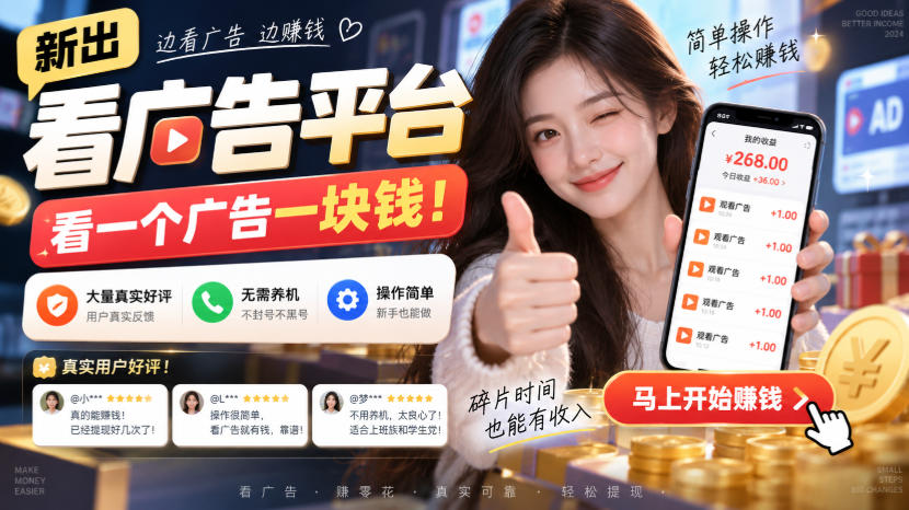 新出看广告平台,看一个广告一块钱,大量真实好评!无需养机、不会黑号,操作简单【揭秘】-锦程资源站