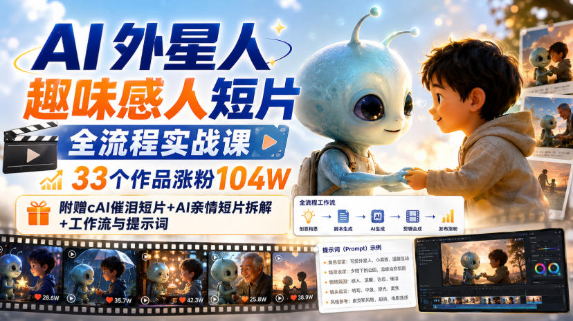 AI外星人趣味感人短片全流程实战课，33个作品涨粉104W，附赠AI催泪短片+AI亲情短片拆解+工作流与提示词-锦程资源站