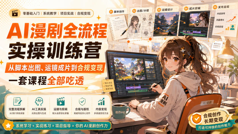 AI漫剧全流程实操训练营，从脚本出图、运镜成片到合规变现，一套课程全部吃透-锦程资源站