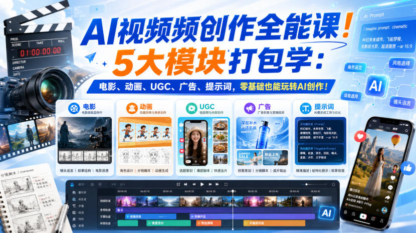 AI视频频创作全能课！5大模块打包学：电影、动画、UGC、广告、提示词，零基础也能玩转AI创作！【原创双语字幕】-锦程资源站
