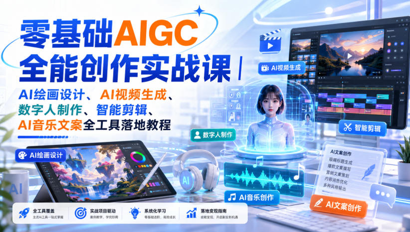 零基础AIGC全能创作实战课|AI绘画设计、AI视频生成、数字人制作、智能剪辑、AI音乐文案全工具落地教程-锦程资源站