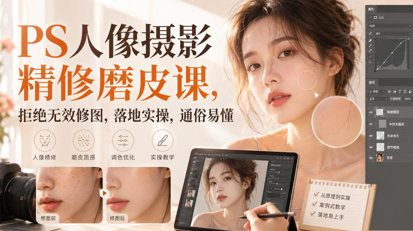 PS人像摄影精修磨皮课,拒绝无效修图,落地实操,通俗易懂-锦程资源站