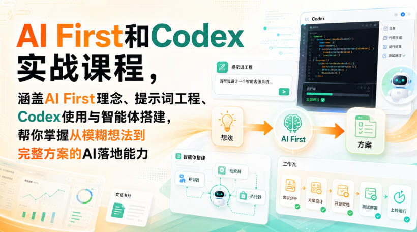 AI First和Codex实战课,涵盖AI First理念、提示词工程、Codex使用与智能体搭建,掌握从模糊想法到完整方案的AI落地能力-锦程资源站