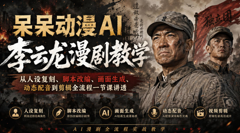 呆呆动漫AI李云龙漫剧教学,从人设复刻、脚本改编、画面生成、动态配音到剪辑全流程一节课讲透-锦程资源站