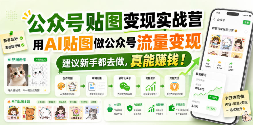 公众号贴图变现实战营,用AI贴图做公众号流量变现,建议新手都去做,真能賺钱!-锦程资源站