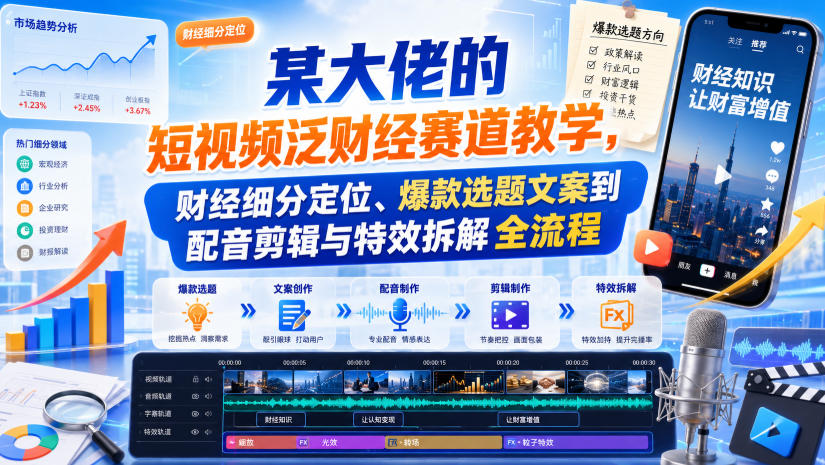 某大佬的短视频泛财经赛道教学,财经细分定位、爆款选题文案到配音剪辑与特效拆解全流程-锦程资源站