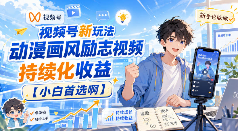 视频号新玩法动漫画风励志视频,持续化收益【小白首选啊】-锦程资源站