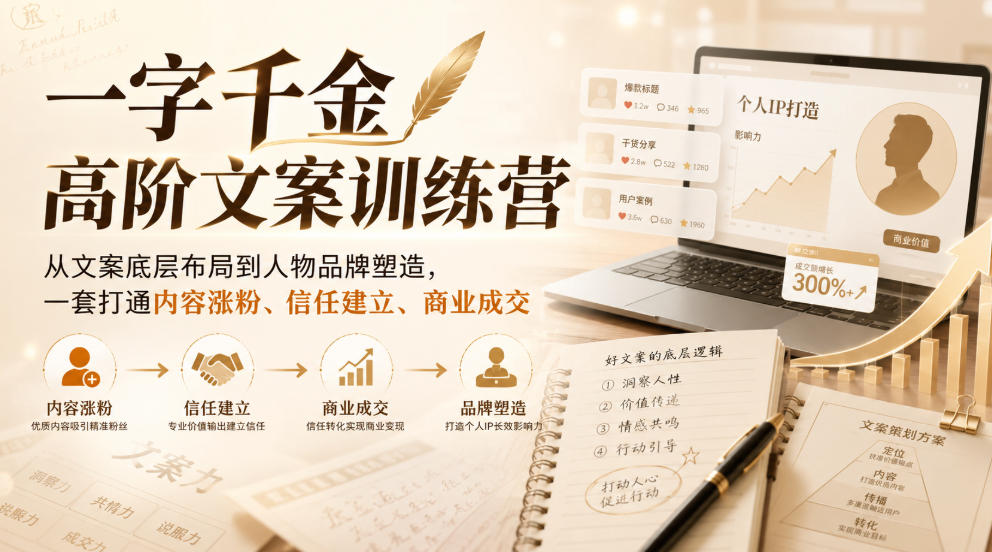 一字千金高阶文案训练营,从文案底层布局到人物品牌塑造,一套打通内容涨粉、信任建立、商业成交-锦程资源站