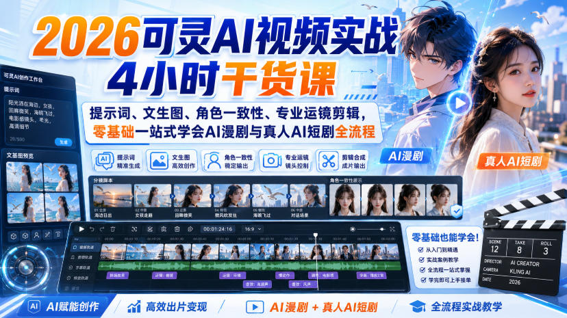 2026可灵AI视频实战4小时干货课|提示词、文生图、角色一致性、专业运镜剪辑,零基础一站式学会AI漫剧与真人AI短剧全流程-锦程资源站