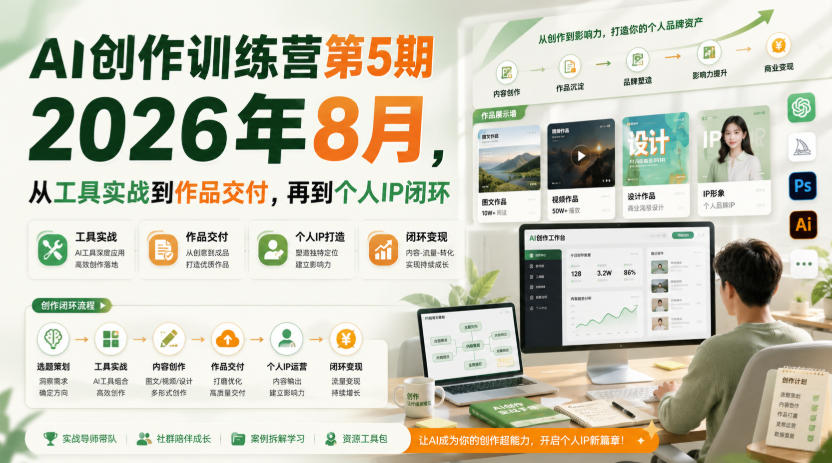 AI创作训练营第5期2026年8月,从工具实战到作品交付,再到个人IP闭环-锦程资源站