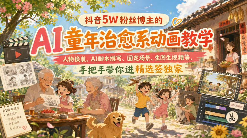 抖音5W粉丝博主的AI童年治愈系动画教学，人物换装、AI脚本撰写、固定场景、生图生视频等，手把手带你进精选签独家-锦程资源站